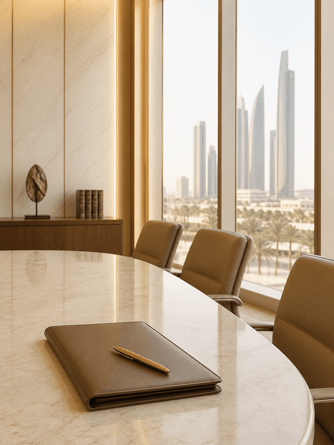 Commercial legal advisory room overlooking an Abu Dhabi business skyline