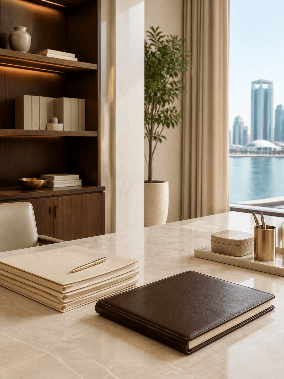 Organized executive workspace for compliance records and financial documents